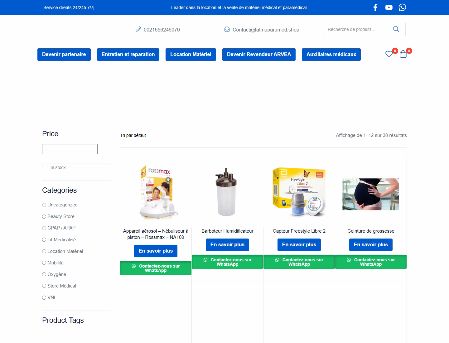 Screenshot of Fatma Paramed online shop for medical equipment in Tunisia