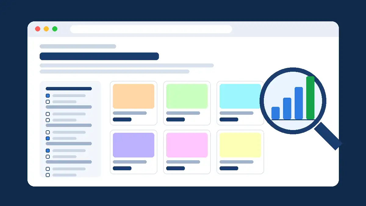 Illustration of an online store category page with filters, a product grid and a magnifying glass over a rising SEO chart