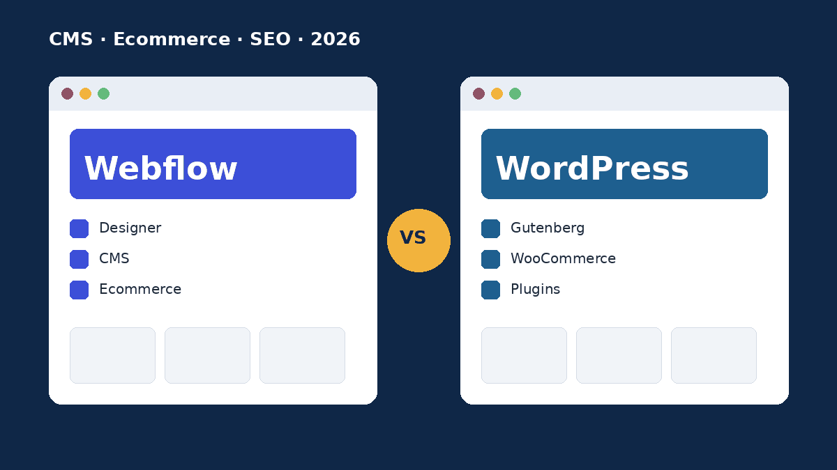 Webflow vs WordPress comparison: two browser windows showing Webflow's Designer and CMS next to WordPress with Gutenberg, WooCommerce and plugins