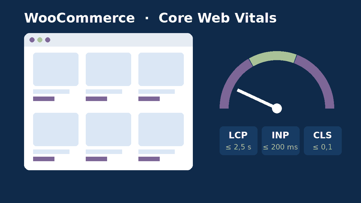 Illustration of a WooCommerce store next to a speed gauge showing LCP, INP and CLS thresholds